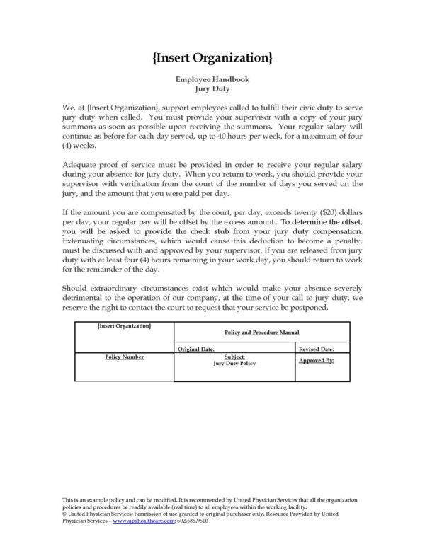 Jury Duty Policy Document Employee Handbook