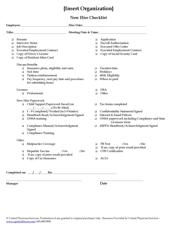 New Hire Checklist document form