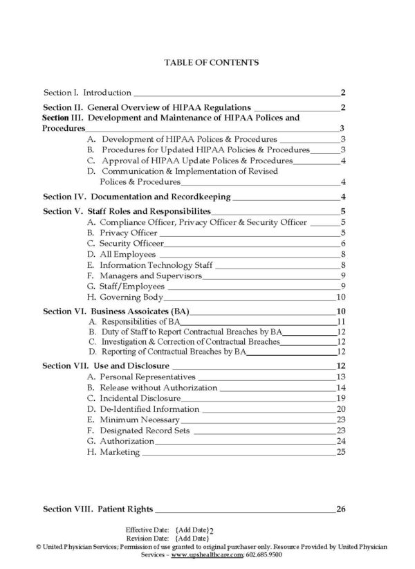HIPAA Compliance Plan Table of Contents