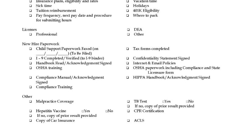 New Hire Checklist Form to Fill Out