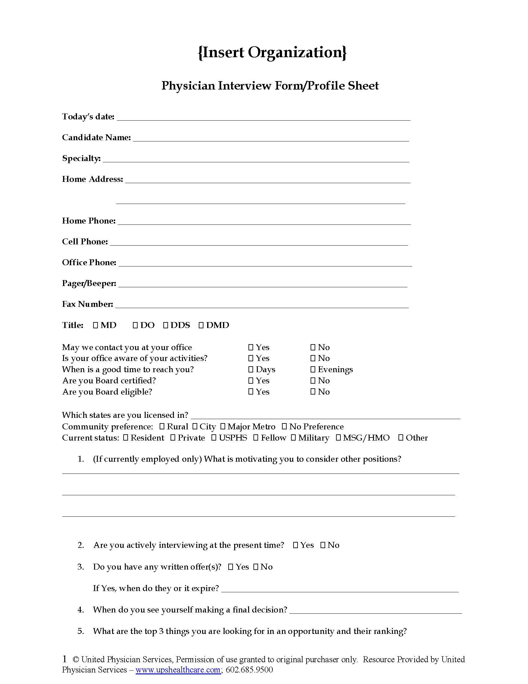 Physician Interview/Profile Form | United Physician Services